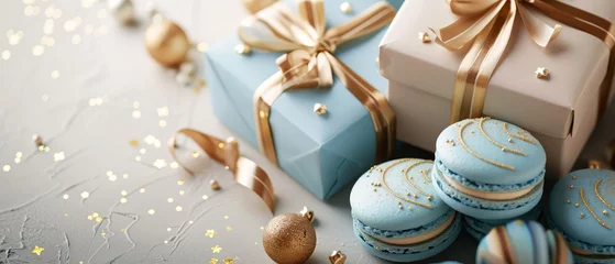 Keuken spatwand met foto  Blue macarons in gift box on blue background with golden decoration. Pastry food mockup.Spring women'smock up. Layout, flat lay. Generative ai © Inai