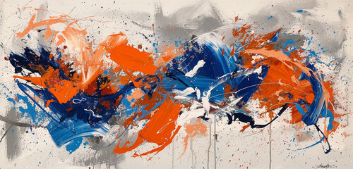 Abstract expressionist brush strokes in a clash of bright orange and blue against a light gray canvas