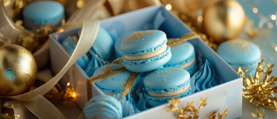 Blue macarons in gift box on blue background with golden decoration. Pastry food mockup.Spring women'smock up. Layout, flat lay. Generative ai
