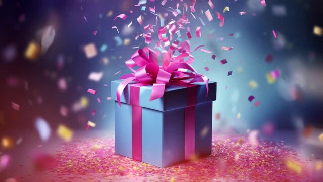 Animated background with birthday, christmas, gift box or present. Explosion of stars and lights. Celebration