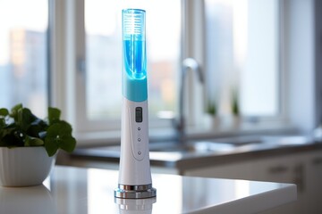 Sleek electric toothbrush in a well lit and contemporary bathroom interior design with elegant decor
