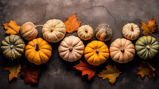 A group of pumpkins with dried autumn leaves and twig, on a brick surface