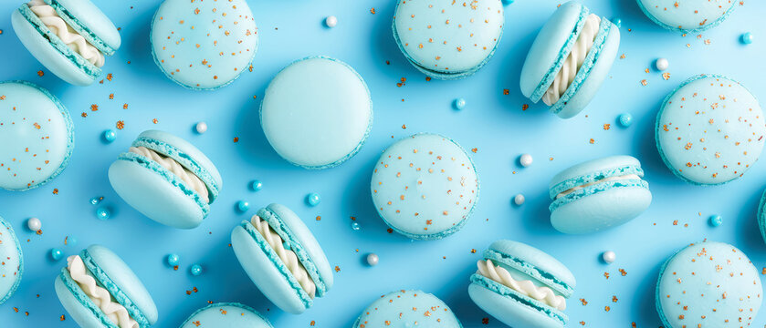 Set of blue macarons with decorations on blue background. Layout. Pastry food mockup.Flat lay. Minimal. Generative ai