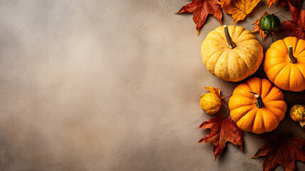 Naklejka na ściany i meble A group of pumpkins with dried autumn leaves and twig, on a concrete surface