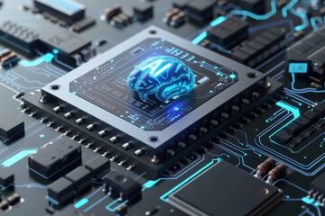 AI Brain Chip axon degeneration disorders. Artificial Intelligence substrate mind tomorrow economy axon. Semiconductor iaas circuit board mental representation - obrazy, fototapety, plakaty