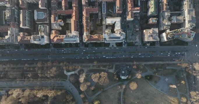 Aerial view of residential building blocks along the road following the Valentino Public Park, Turin, Piedmont, Italy.