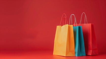 three shopping bag on red background for copy space
