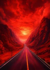 Fototapeten "Crimson Horizon: Journeying Along an Artistic Highway Under a Fiery Sky" © Manzoor 