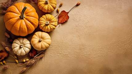 A group of pumpkins with dried autumn leaves and twig, on a sand surface