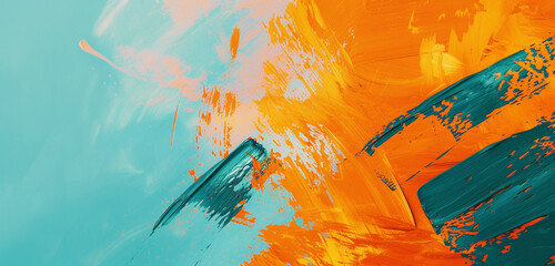 Abstract expressionist brush strokes in a blend of orange and teal against a powder blue canvas - obrazy, fototapety, plakaty