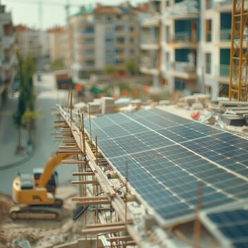 A construction site with solar panels foregrounding urban development's shift towards sustainable energy solutions.