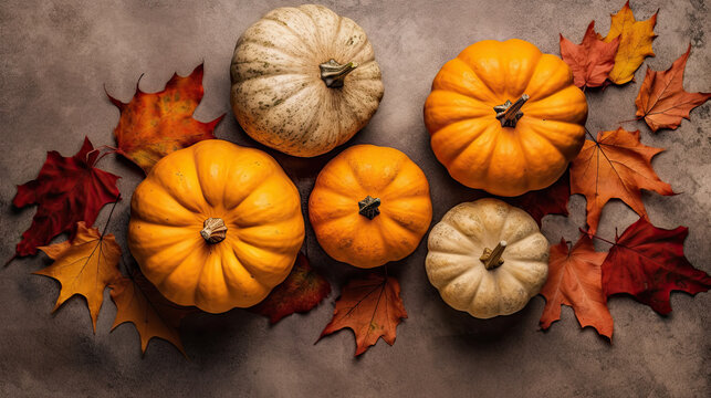 A group of pumpkins with dried autumn leaves and twig, on a stone surface