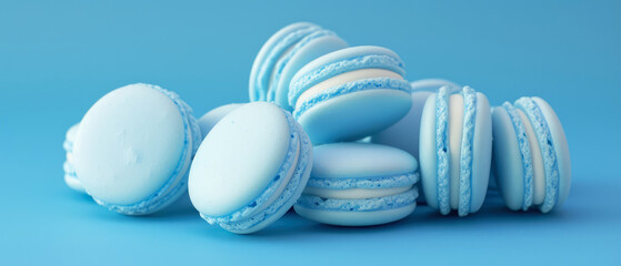 Close up of blue macarons with decorations on blue background . Pastry food mockup.Minimal. Generative ai