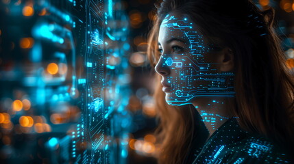 A woman's face is illuminated by blue digital patterns, reflecting a futuristic interface or augmented reality experience