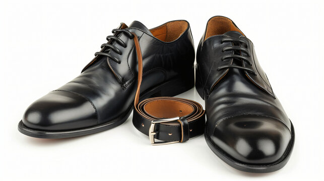 Two pairs of black men's shoes and a belt.