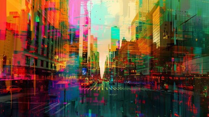 Dynamic digital glitch art with vibrant distorted cityscape elements