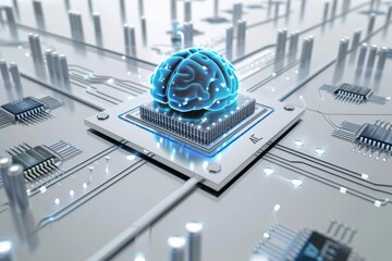 AI Brain Chip screwdriver set. Artificial Intelligence coping skills mind tomorrow creators axon. Semiconductor cognitive enhancement circuit board icon storage - obrazy, fototapety, plakaty