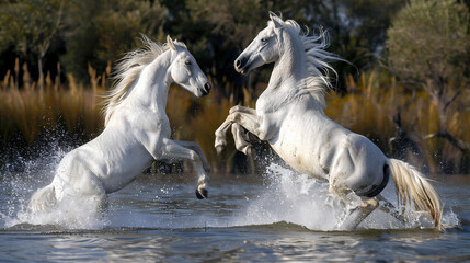 Two white Camargue stallions rearing.