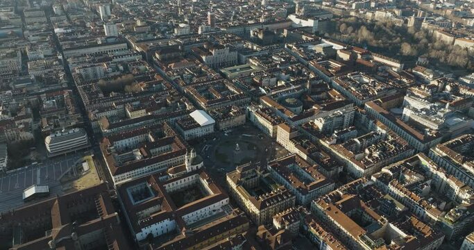 Aerial view of Piazza Carlo Emanuele II in Turin downtown at sunset, Turin, Piedmont, Italy.