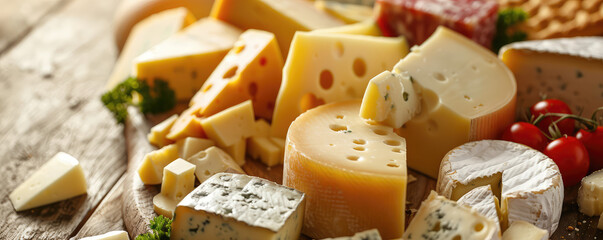 Assorted Gourmet Cheese Selection. Close-up of a variety of cheeses in gourmet cheese platter, perfect for culinary themes background. - Powered by Adobe