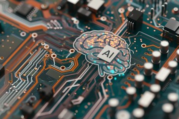 AI Brain Chip future trend. Artificial Intelligence minimalist icon mind motivation axon. Semiconductor magnetoencephalography circuit board flip chip packaging