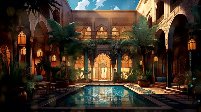 A traditional Moroccan riad with ornate tilework and lush courtyard gardens. Fantasy landscape anime or cartoon style, seamless looping 4k time-lapse virtual video animation background