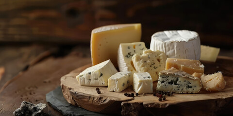 Assorted Gourmet Cheese Selection. Close-up of a variety of cheeses in gourmet cheese platter, perfect for culinary themes background, copy space.