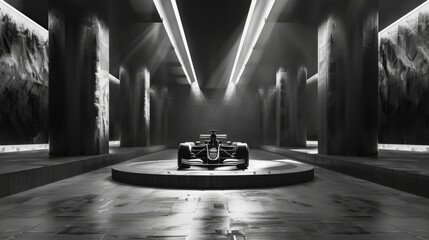 black and white image of a classic race car displayed on a podium in a dimly lit tunnel - obrazy, fototapety, plakaty