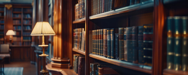 Classic Library Interior with many Vintage Books. Close-up  of elegant library featuring shelves of old leather-bound books, rich textures. - obrazy, fototapety, plakaty