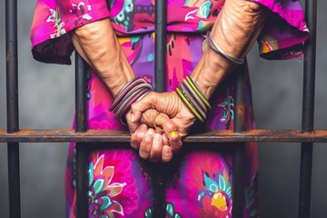 Fototapeta na wymiar The wrinkled hands of an elderly female prisoner in a bright pink dress with floral print clasped behind the bars behind her
