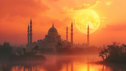 Obraz premium Golden hour over mosque capturing Ramadan spirit