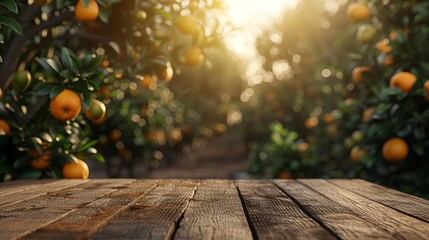 Rustic surface set against a blur of citrus trees, serene afternoon - obrazy, fototapety, plakaty