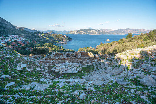 Scenic views from ancient Amos which was a settlement of ancient Caria, located near the modern town of Turun&ccedil;, Marmaris, Turkey.