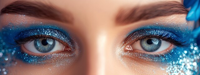 pretty woman with bright blue eyes and blue eye makeup