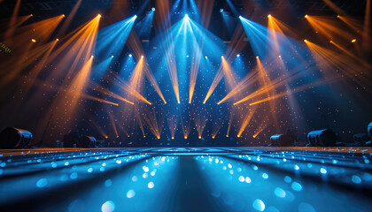 A captivating view of a concert stage with striking blue lights and golden beams converging to create an electrifying performance atmosphere.