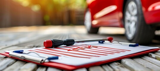 Clipboard checklist for insurance inspection in garage workshop, car auto services with text space