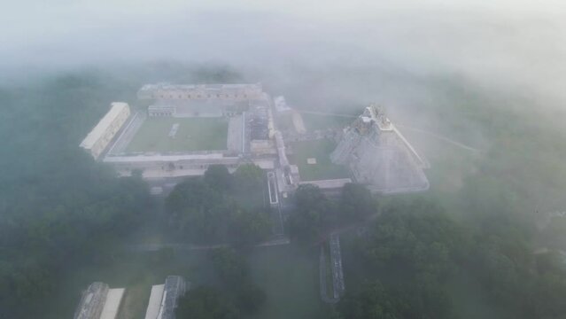 Aerial view of Uxmal Mayan Ruins, ancient civilization, Yucatan, Mexico.