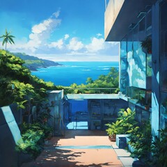 anime painting, futuristic laboratory, ikb blue concrete, coastal view, contemporary, high contrast, cell shading, strong shadows, vivid hues, azure ocean, lush vegetation, tropical, cosy