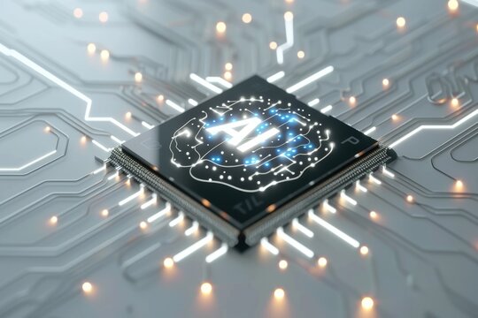 AI Brain Chip biometrics. Artificial Intelligence visionary futurist mind inp axon. Semiconductor parallel processing circuit board neurosynaptic computing impact