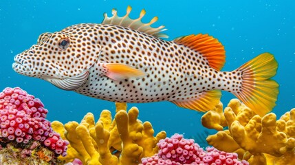 Colorful pufferfish swimming among vibrant corals in a saltwater aquarium environment