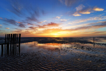 Mussels stake and low tide. Hauteville-sur-Mer beach