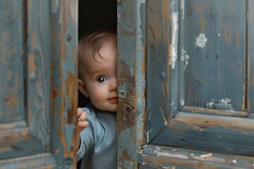 baby peeking out of a half-open door