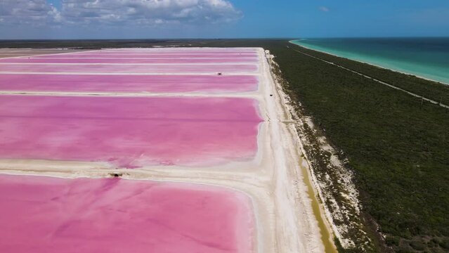 Aerial view of Las Coloradas salt lake, Yucatan, Mexico.