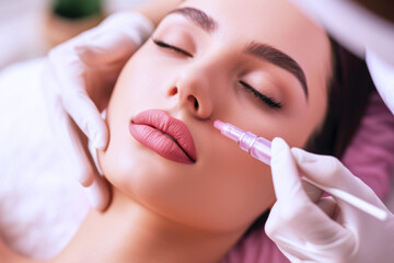 Obraz na płótnie Canvas Beautician cosmetologist doing make up for Malay girl in beauty salon