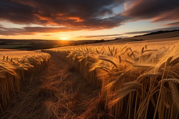Idyllic wheat field with golden crops under gorgeous sunset sky, beautiful rural landscape - obrazy, fototapety, plakaty