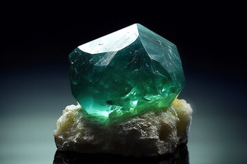 Fluorspar fluorite is rare precious natural stone on black background. AI generated. Header banner mockup with space. - obrazy, fototapety, plakaty