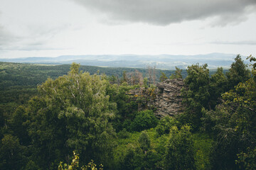 Fototapeta premium Cloudy sky over forest with mountains in background