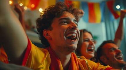 Obraz premium Sport fans Celebrating Goal in Home Soccer Match Viewing. Generative AI