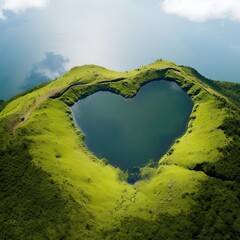 a heart shaped lake in the middle of a mountain - obrazy, fototapety, plakaty