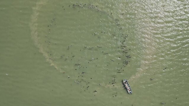 Aerial view of Progreso Beach with fishing boat, Progreso, Yucatan, Mexico.